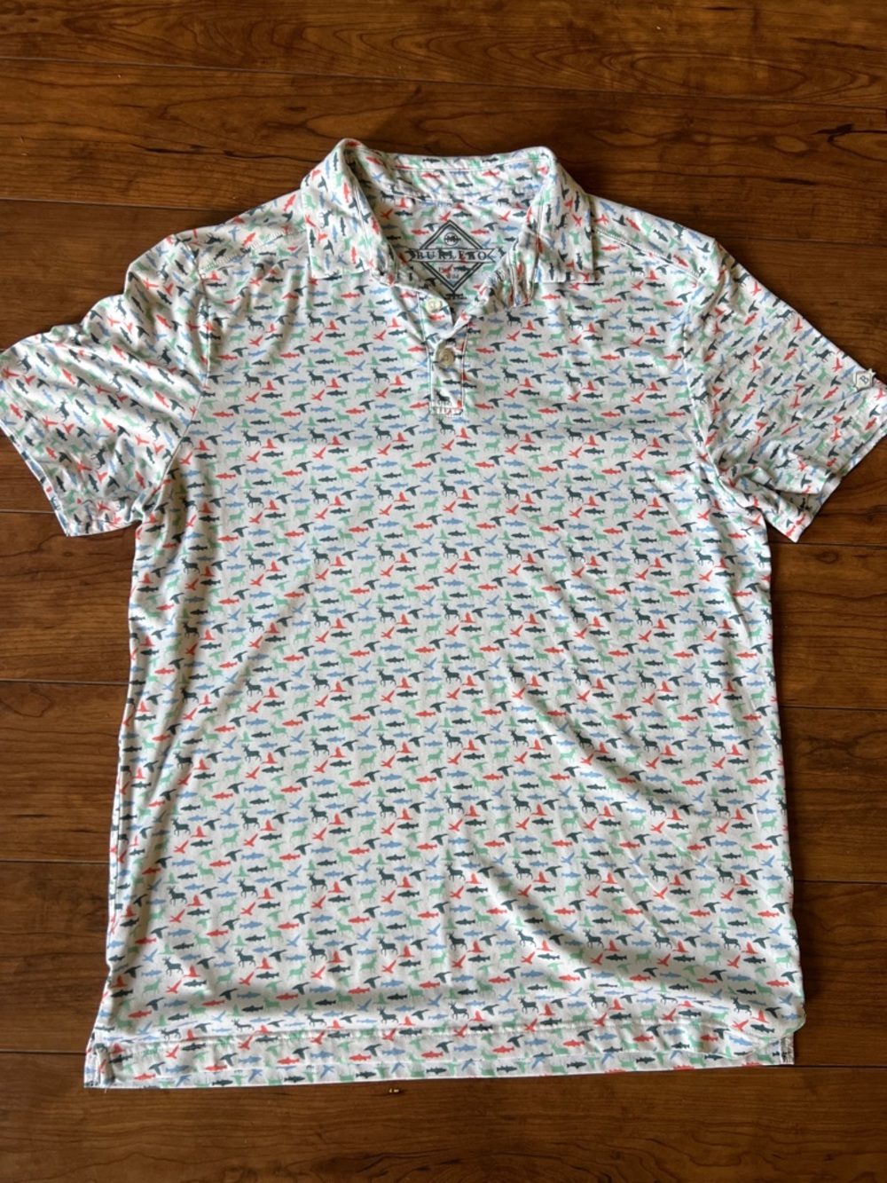 BURLEBO White Polo with Red, Blue & Green Shark Print